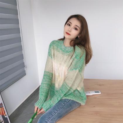 Green Striped Loose Sweater