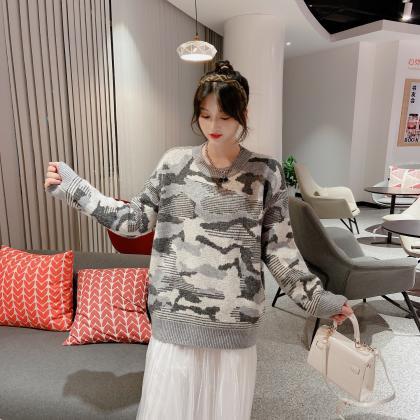 Gray Camouflage Loose Sweater