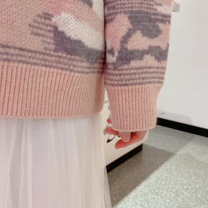 Pink Camouflage Loose Sweater