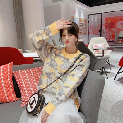 Yellow Camouflage Loose Sweater