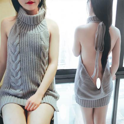 Sexy Gray Blackless Sleeveless Sweater Dress