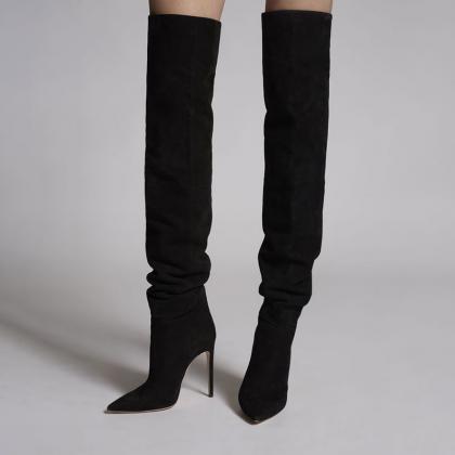 Sexy Black Suede Cutout High Heel Over Knee Boots