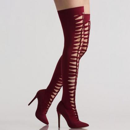 Sexy Wine Red Stretch Cutout High Heel Over Knee..