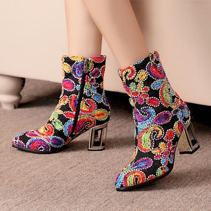 Fashion Microfiber Color Block Chunky Heel Ankle..