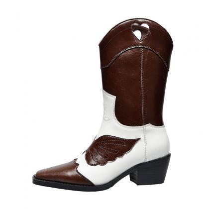 Fashion Brown Leather Square Toe Chunky Heel Calf..