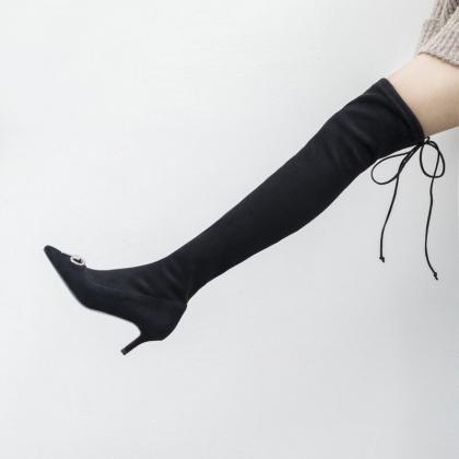 Black Point Toe Zipper High Heel Over Knee Sock..
