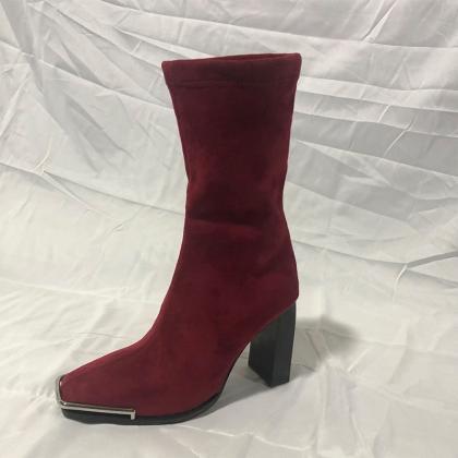 Fashion Suede Chunky Heel Square Toe Calf Boots