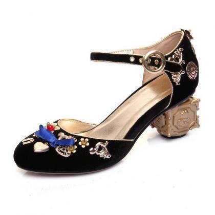 Cute Suede Embellished Round Toe Ch..