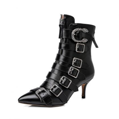 Fashion Leather Point Toe Buckl Boots