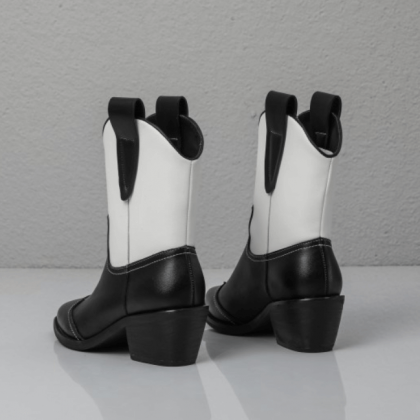 Leather Color Block Chunky Heel Point Toe Calf..