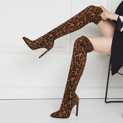Fashion Leopard Point Toe High Heel Stretch Over..