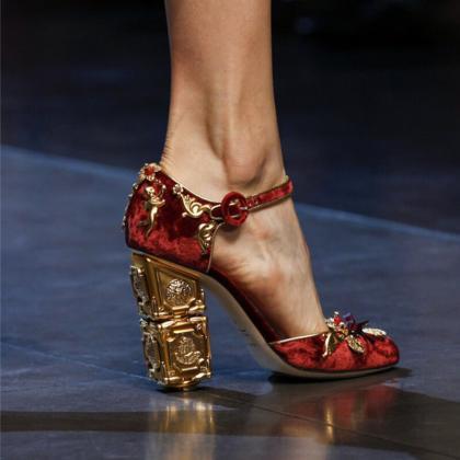 Fashion Rhinestone Suede Chunky Heel Sandals