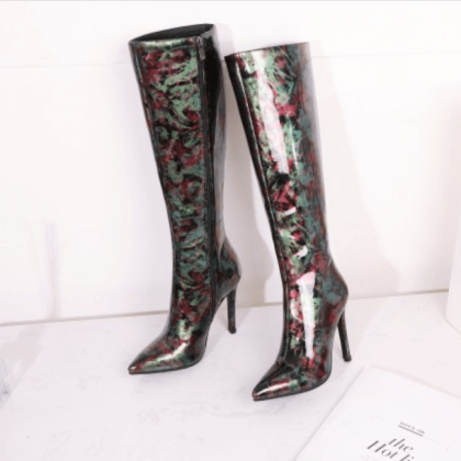 Patent Leather Print High Heel Knee High Boots