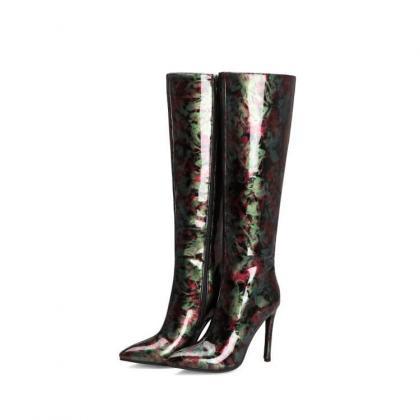 Patent Leather Print High Heel Knee High Boots