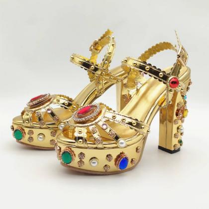 Fashion Gold Peep Toe Platform Rhinestone Sandals