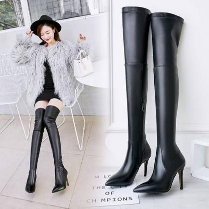 Black Leather Point Toe Stretch Over Knee Boots