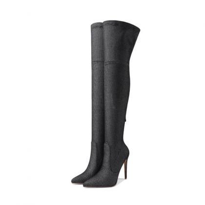 Sexy Fabric Point Toe Stretch Over Knee Boots