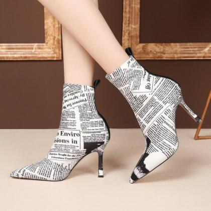 Fashion Point Toe Print High Heel Stretch Calf..
