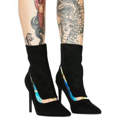 Black Suede Point Toe High Heel Stretch Boots