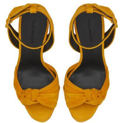 Yellow Summer Suede Peep Toe Platform High Heel..