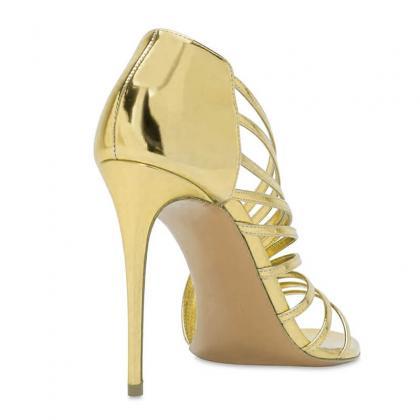 Champagne Patent Leather Cutout Open Toe High Heel..