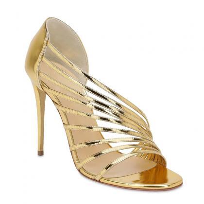 Champagne Patent Leather Cutout Open Toe High Heel..