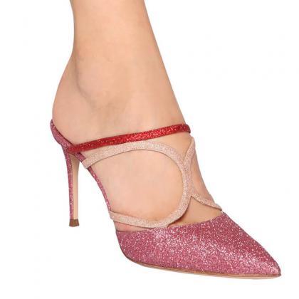 Rose Red Summer Sequin Point Toe High Heel Mule..