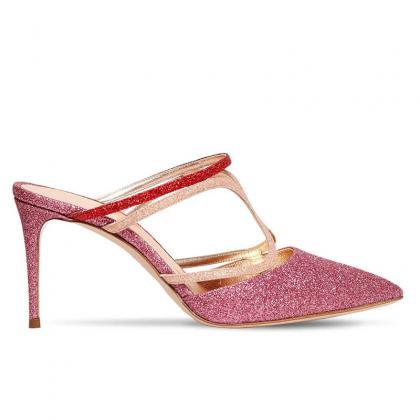 Rose Red Summer Sequin Point Toe High Heel Mule..