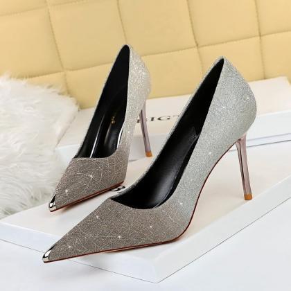 Fashion Gray Sequin Point Toe Slip On Pumps