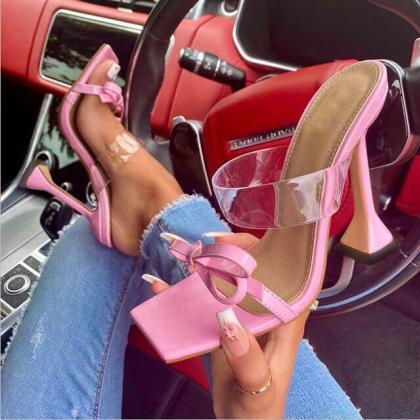 Pink Bow Pu Square Toe High Heel Mule Sandals