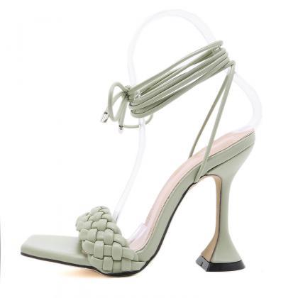 Light Green Pu Square Toe Ankle Strap High Heel..