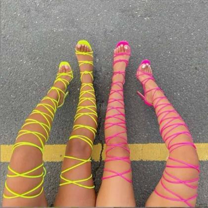 Pink Gladiators Square Toe High Heel Strap Boots