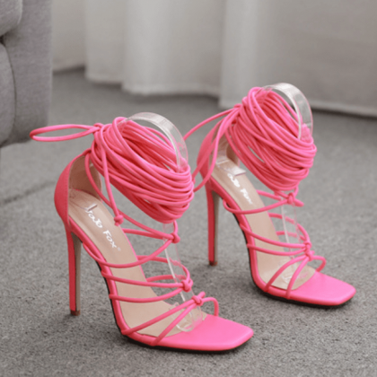 Pink Gladiators Square Toe High Heel Strap Boots