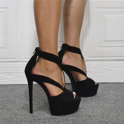 Black Suede Platform Peep Toe High Heel Sandals