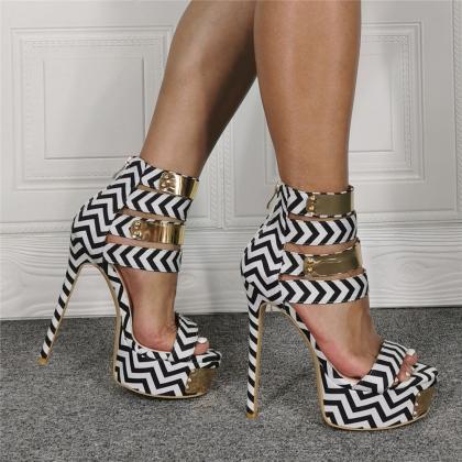 Club Stripes Platform Peep Toe High Heel Sandals