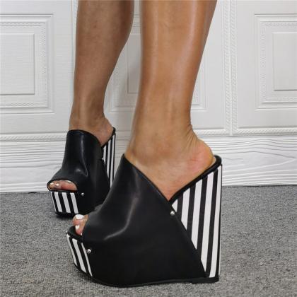 Black Wedge Platform Peep Toe Stripes High Heel..