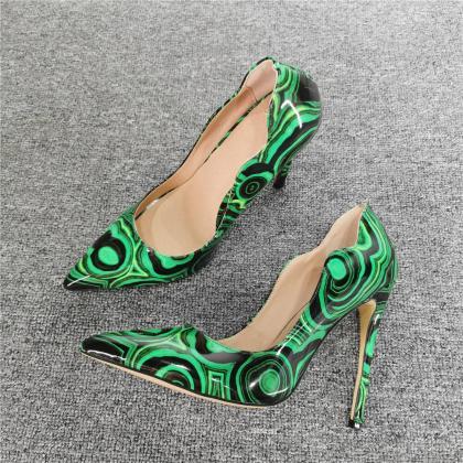Green Patent Leather Print Point Toe Slip On Pumps