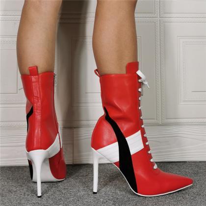 Red Pu Point Toe Strap High Heel Calf Boots