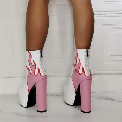 White Pu Platform Fire Print High Heel Calf Boots