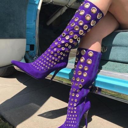 Purple Suede Cutout Point Toe Knee High Boots