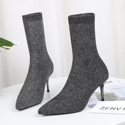 Sexy Point Toe Stretch High Heel Sock Calf Boots