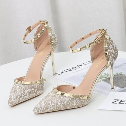Sexy Champagne Point Toe Rivet Buckle High Heels