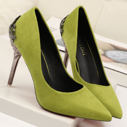 Sexy Green Suede Point Toe Embellished Slip On..