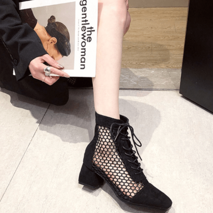 Suede Square Toe Cutout Strap Chunky Heel Calf..