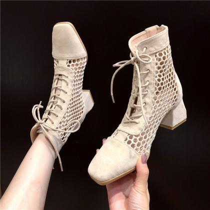 Beige Suede Square Toe Cutout Strap Chunky Heel..