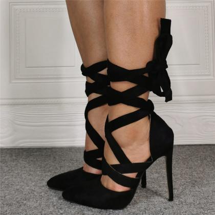 Black Suede Point Toe Ankle Strap High Heel..