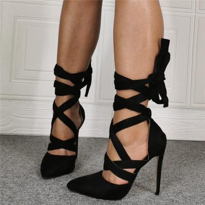 Black Suede Point Toe Ankle Strap High Heel..