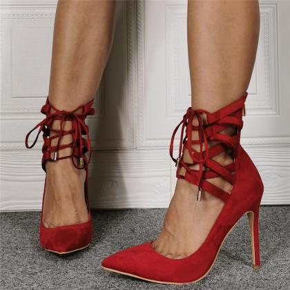 Sexy Red Suede Point Toe Ankle Strap High Heel..