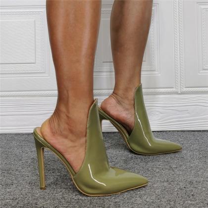 Green Patent Leather Point Toe High Heel Mule..