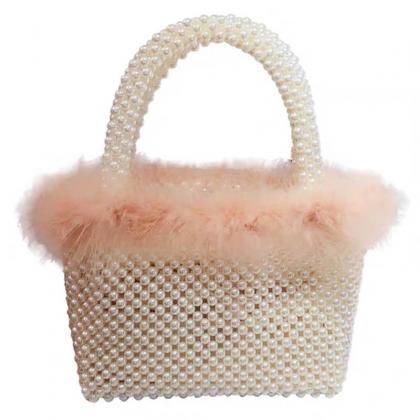 Pink Hadmade Customize Pearl Fur Crossbody Satchel..